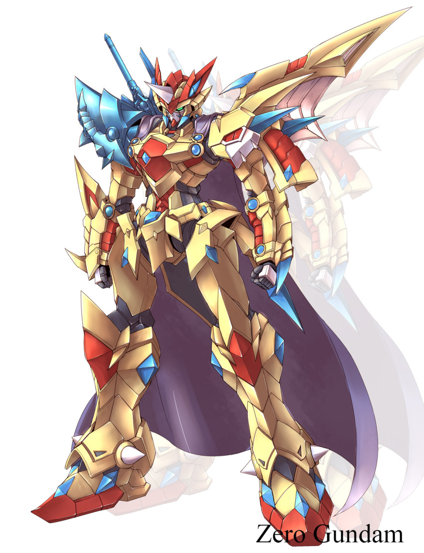 cape, gundam, highres, knight, mecha, no_humans, sd_gundam, sd_gundam_gaiden, simple_background, single_wing, spikes, sword, takamaru, talons, weapon, white_background, wings