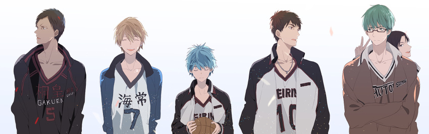 6+boys, aomine_daiki, basketball, basketball_uniform, blonde_hair, blue_hair, brown_hair, green_hair