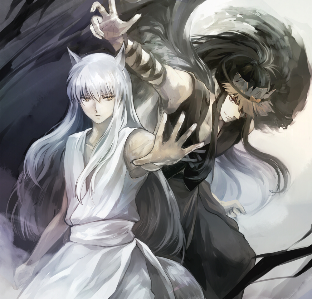 2boys, animal_ears, black_hair, black_wings, fox_ears, kuronue, long_hair, male, multiple_boys, ouri, wings, yellow_eyes, youko_kurama, yuu_yuu_hakusho