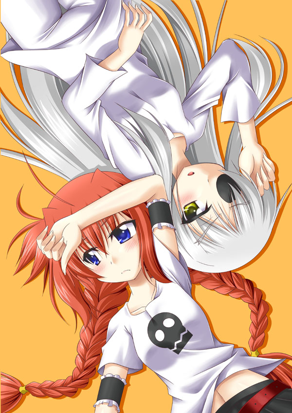 2girls, :o, ahoge, belt, blue_eyes, blush, braid, cinque_(nanoha)