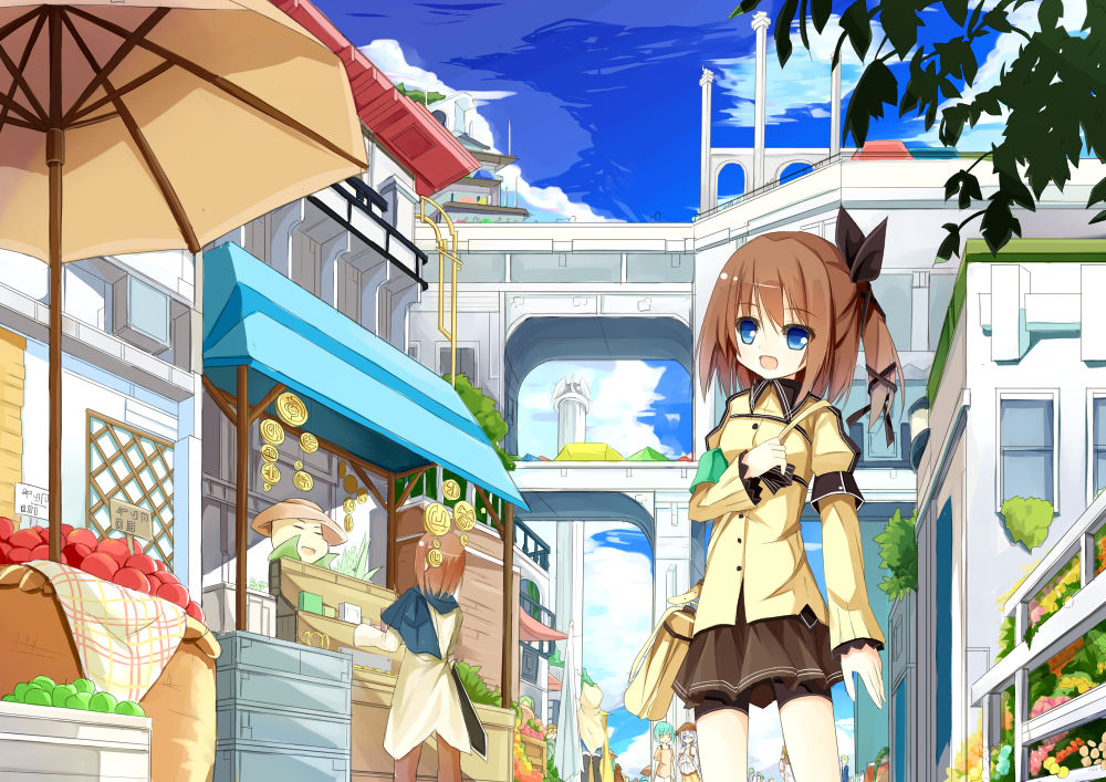 4girls, =_=, apple, armband, bag, basket, bike_shorts, blue_eyes