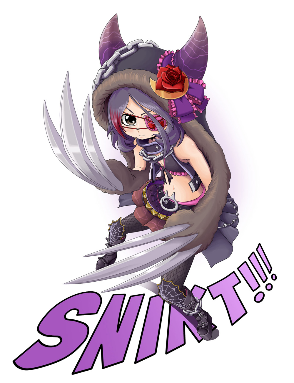 1girl, belt, bikini_top, bizen-co, breasts, claws, cleavage, eyepatch