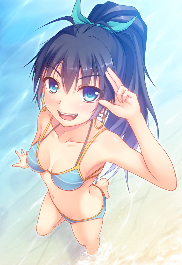 1girl, antenna_hair, aqua_eyes, beach, bikini, black_hair, earrings, fang