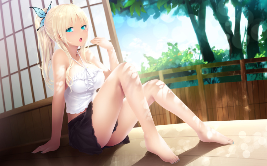 1girl, bare_shoulders, barefoot, blonde_hair, blue_eyes, blush, boku_wa_tomodachi_ga_sukunai, breasts