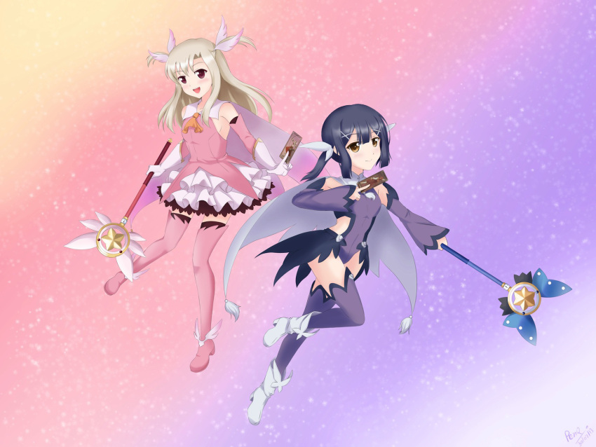 2girls, black_hair, blue_hair, elbow_gloves, fate/kaleid_liner_prisma_illya, fate_(series), gloves, highres