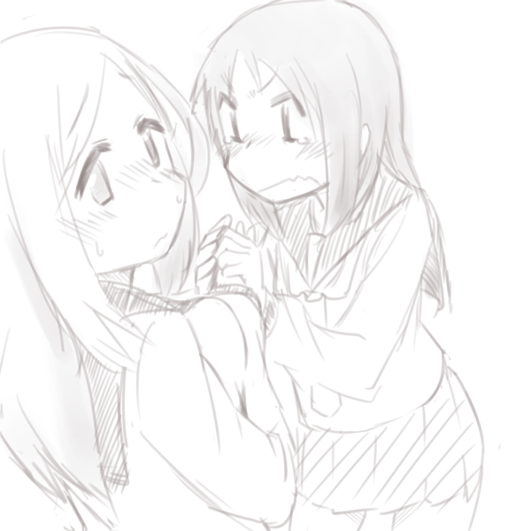 2girls, aikawa_chiho, black_hair, blush, holding_hands, long_hair, looking_away, monochrome