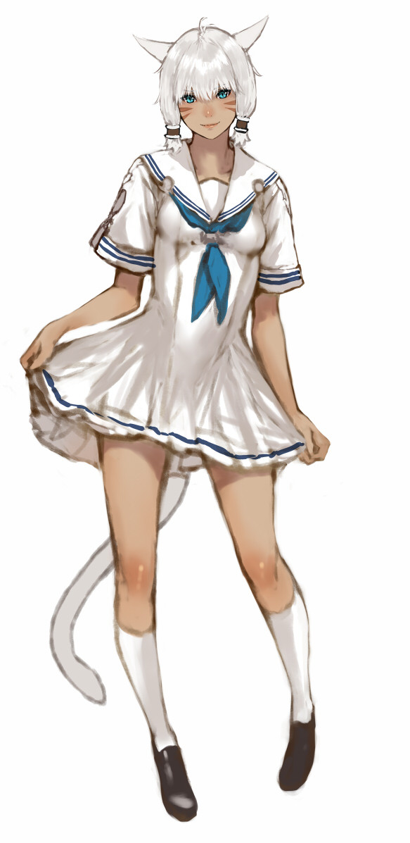 1girl, alternate_costume, animal_ears, blue_eyes, blush, cat_ears, dark_skin, dress