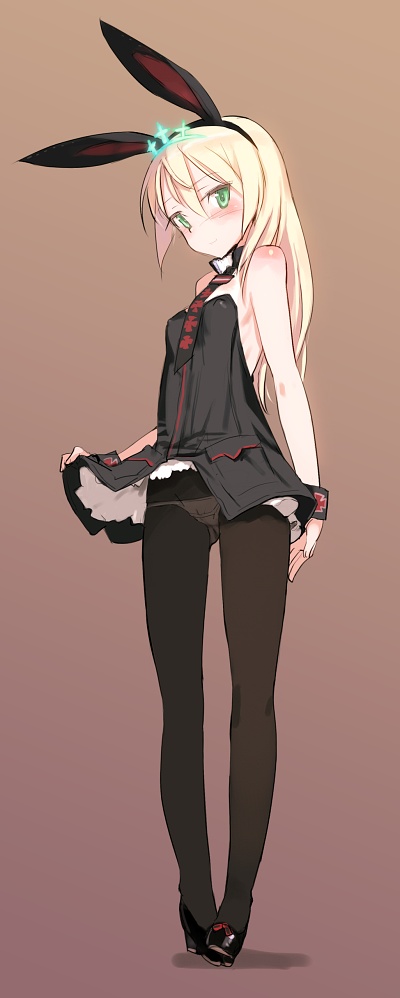 1girl, animal_ears, bare_shoulders, black_legwear, blonde_hair, blush, detached_collar, fake_animal_ears