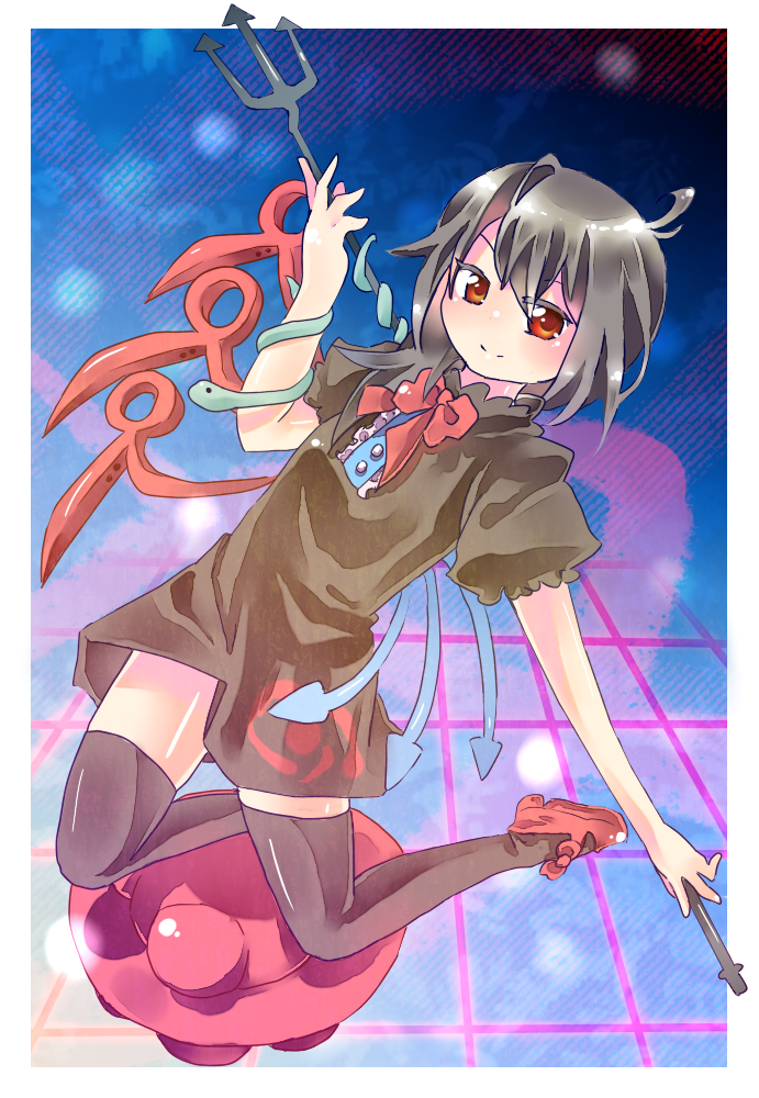 black_legwear, black_thighhighs, houjuu_nue, oroshisenbei, polearm, red_eyes, short_hair, snake