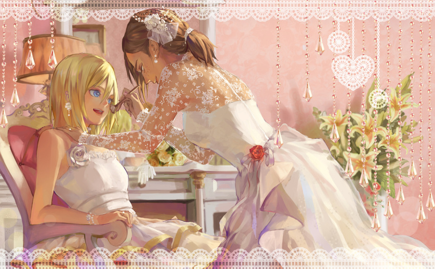 2girls, alternate_costume, blonde_hair, blue_eyes, bouquet, bracelet, brown_hair, chair