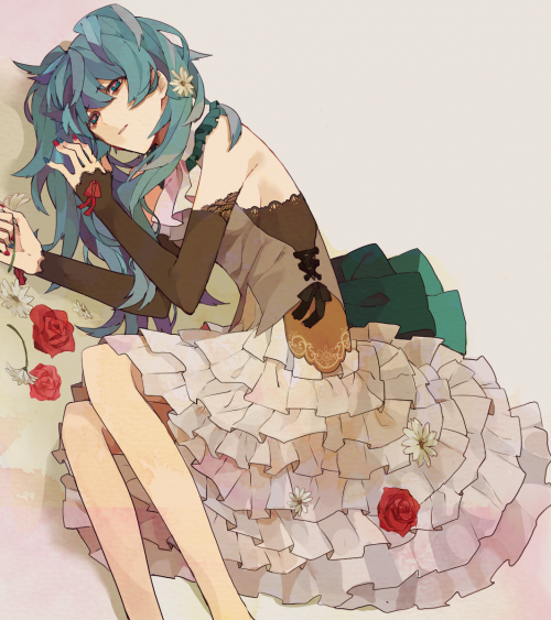 1girl, aqua_eyes, aqua_hair, detached_sleeves, hatsune_miku, kouga_228, lying, on_side