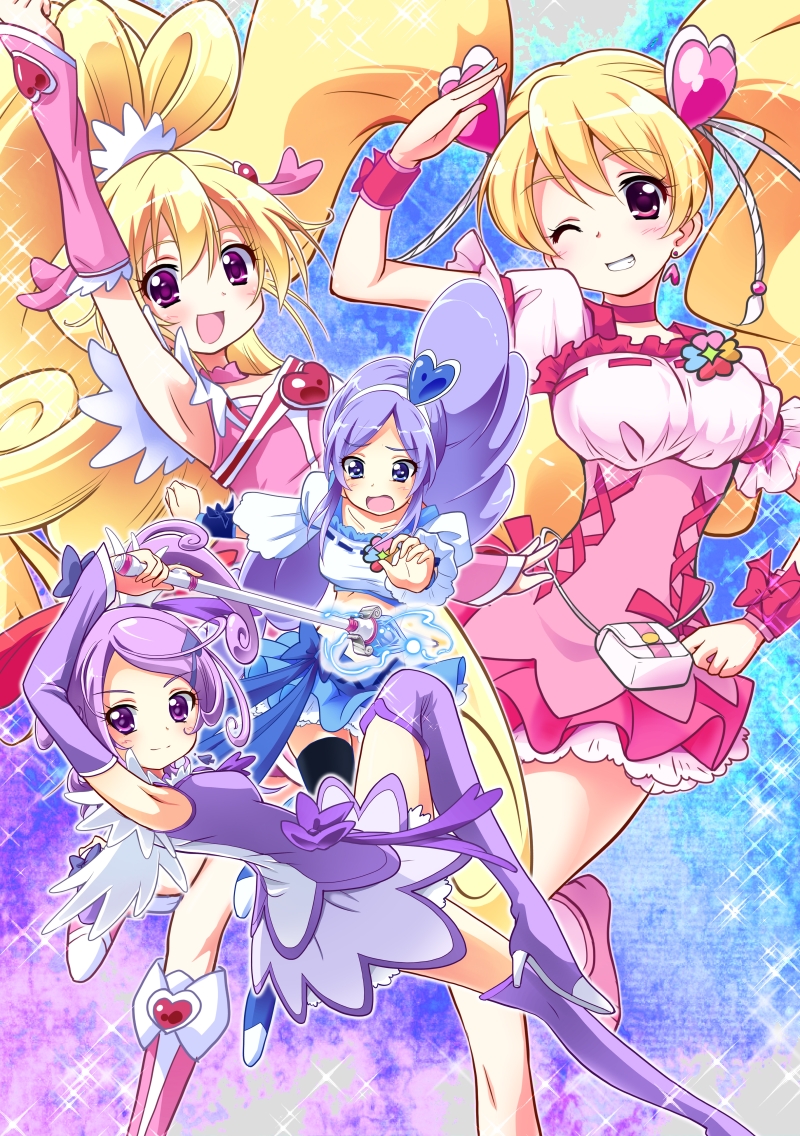 4girls, :d, aida_mana, aono_miki, arm_up, armpits, berry_sword, blonde_hair