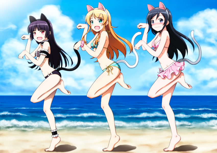 3girls, animal_ears, aragaki_ayase, barefoot, beach, blue_eyes, blue_hair, blush, cat_ears, cat_tail, embarrassed, gokou_ruri, hairband, happy, horiguchi_hiroshi, kousaka_kirino, leg_lift, legs, long_hair, multiple_girls, ocean, orange_hair, ore_no_imouto_ga_konna_ni_kawaii_wake_ga_nai, purple_hair, red_eyes, sky, swimsuit, tail, water