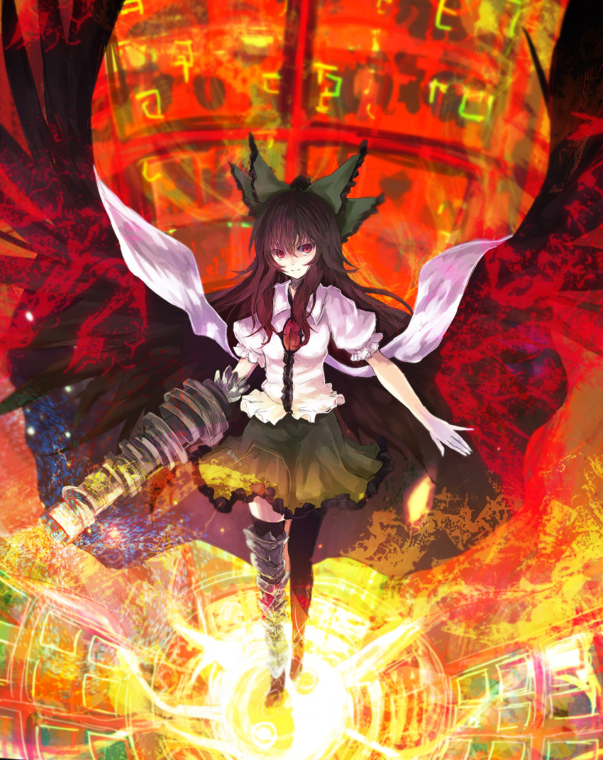 1girl, arm_cannon, asagi_shii, black_hair, black_wings, bow, cape, hair_bow