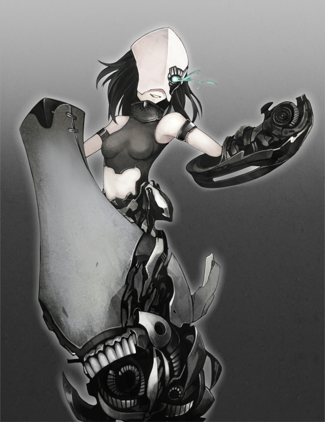 1girl, bare_shoulders, black_hair, chi-class_torpedo_cruiser, cyborg, glowing, glowing_eye, green_eyes