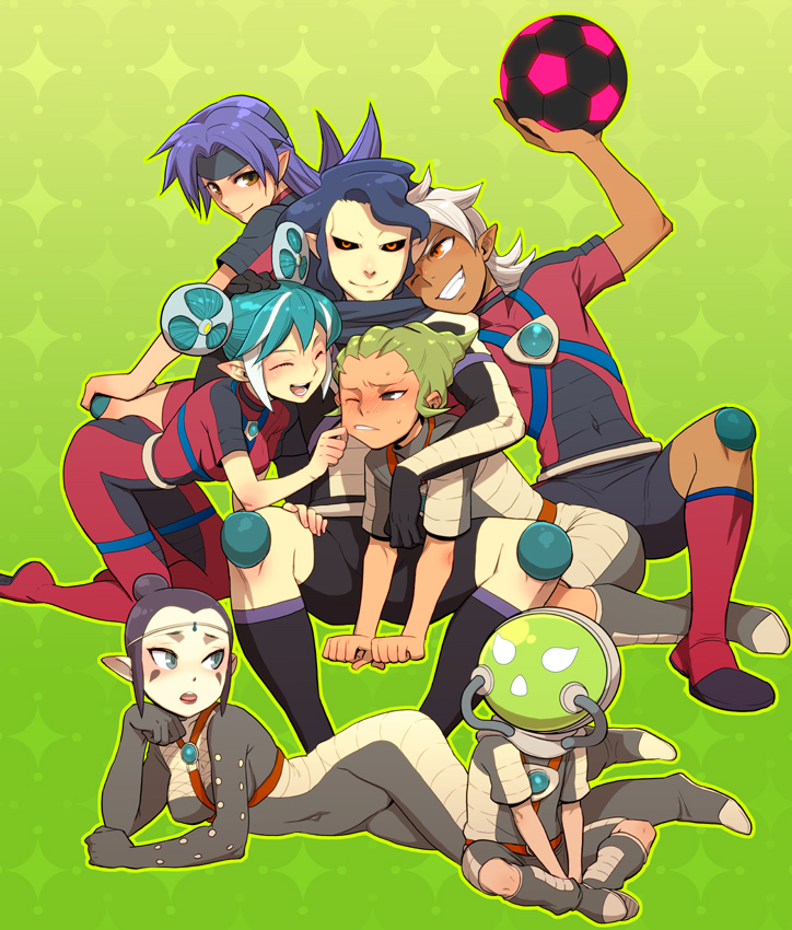 2girls, 5boys, black_hair, black_sclera, blue_hair, blush, cheek_pinching, dark_skin