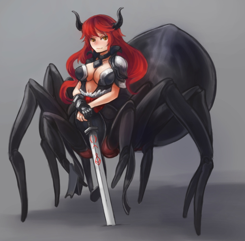 1girl, arceonn, breasts, extra_legs, grey_background, high_collar, highres, horns