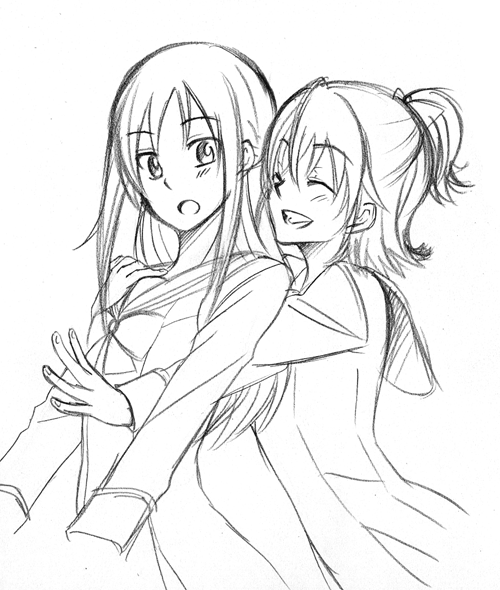 2girls, :d, aida_mana, blush, closed_eyes, dokidoki!_precure, glomp, half_updo, happy, hishikawa_rikka, hug, hug_from_behind, long_hair, monochrome, morukon, multiple_girls, open_mouth, precure, school_uniform, short_hair, sketch, smile