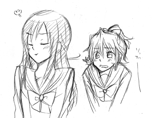 2girls, aida_mana, angry, blush, dokidoki!_precure, half_updo, hishikawa_rikka, long_hair, lowres, monochrome, morukon, multiple_girls, pout, precure, school_uniform, short_hair, sketch