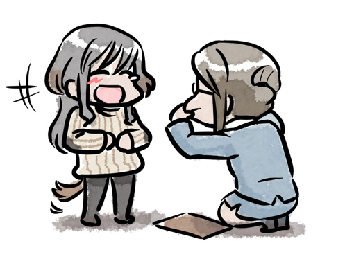 /\/\/\, 2girls, animal_ears, blush, brown_hair, dog_ears, dog_tail, elizabeth_f_beurling, envelope, formal, glasses, hair_up, hakkinen, hands_on_own_face, holding, kneeling, laughing, lowres, making_faces, military, military_uniform, mukiki, multiple_girls, open_mouth, pantyhose, paper, papers, ribbed_sweater, scared, short_hair, simple_background, skirt, strike_witches, suit, sweater, tail, tail_wagging, uniform, walking_backwards, white_background, young