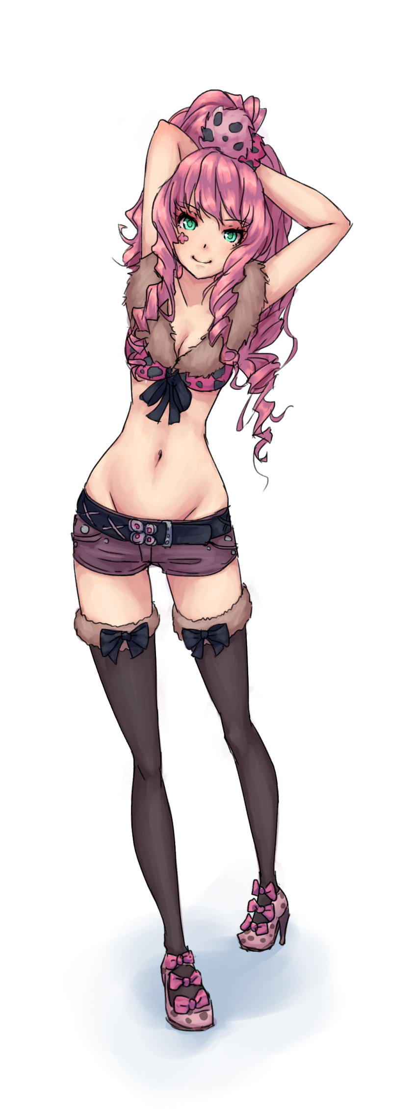 1girl, absurdres, arms_up, belt, black_legwear, bra, breasts, cleavage