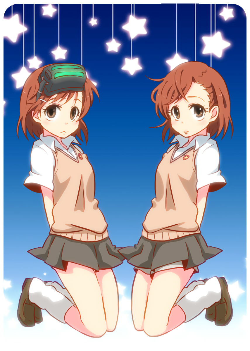 2girls, brown_eyes, brown_hair, head_mounted_display, highres, misaka_imouto, misaka_mikoto, miyo_(miyo1106), multiple_girls, school_uniform, short_hair, shorts, symmetry, to_aru_kagaku_no_railgun, to_aru_majutsu_no_index