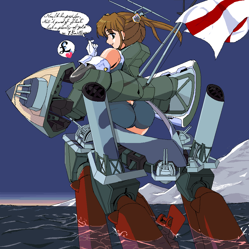 black_hair, brown_hair, cruiser, english, flag, from_behind, funnel, gloves