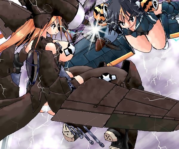 aerial_battle, airplane, battle, black_hair, blonde_hair, breasts, cleavage, gun