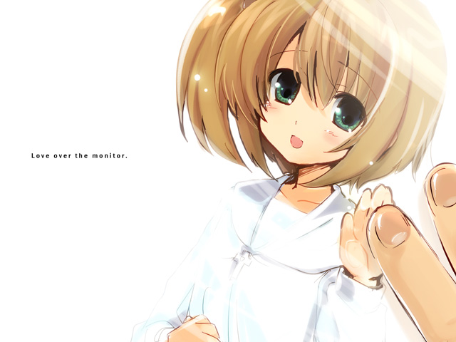 brown_hair, fourth_wall, green_eyes, hands, kouguchi_moto, monitor, short_hair, ukagaka