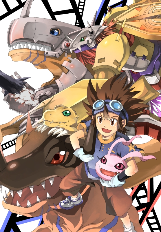 agumon, armor, blue_eyes, brown_eyes, brown_hair, claws, cloudy-gray, digimon