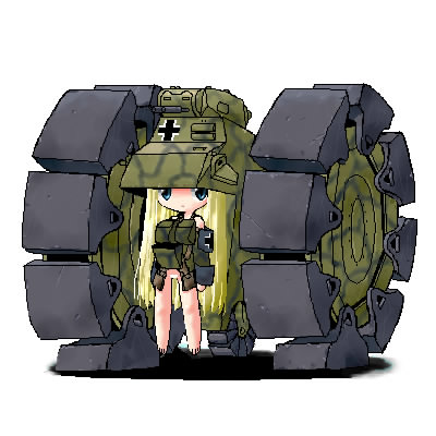 1girl, blonde_hair, blue_eyes, chibi, gun, hanging, lowres, maebari, military, military_vehicle, minenraumer, no_nose, oekaki, original, simple_background, solo, vehicle, weapon, wheel, white_background, world_war_ii, yonezuka_ryou