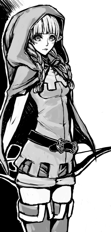 1girl, belt, boots, bow_(weapon), braid, cloak, dragon's_crown, elf, elf_(dragon's_crown), hood, long_hair, monochrome, pointy_ears, shorts, small_breasts, solo, task_(artist), thigh-highs, thigh_boots, twin_braids, weapon