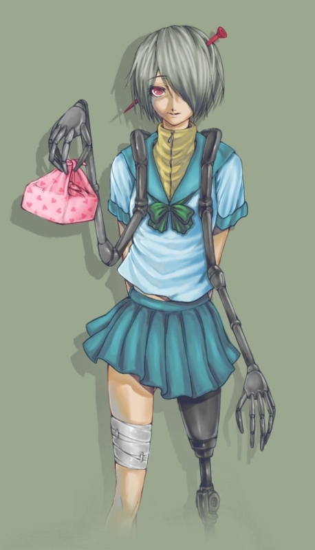 arms_behind_back, bolt, character_request, cyborg, flat_chest, hair_over_one_eye, lunchbox, mechanical_arms