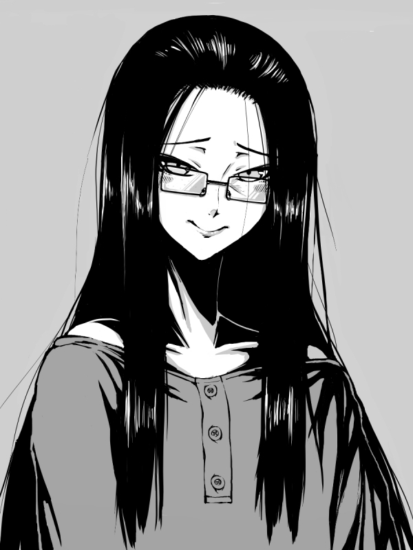 1girl, bare_shoulders, blush, buttons, character_request, glasses, light_smile, lips