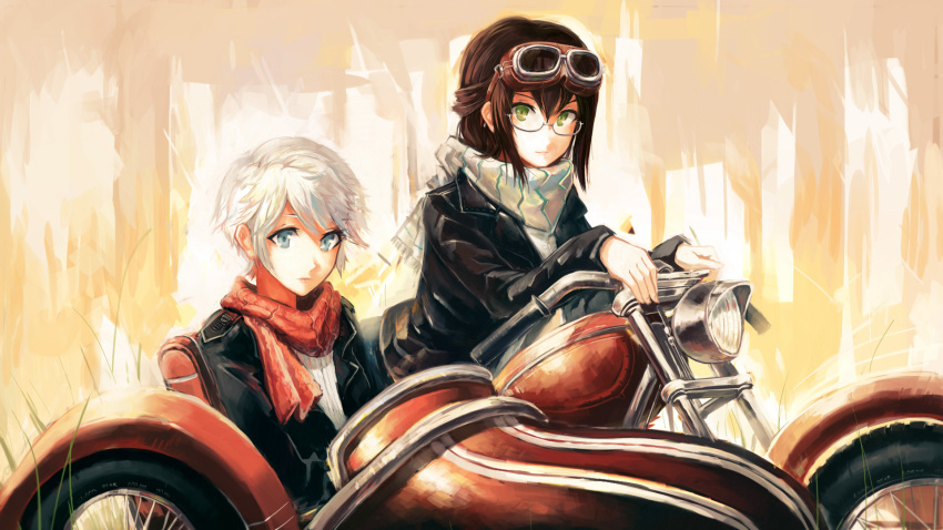 2girls, blue_eyes, brown_hair, doomfest, dysfunctional_systems, glasses, goggles, goggles_on_head