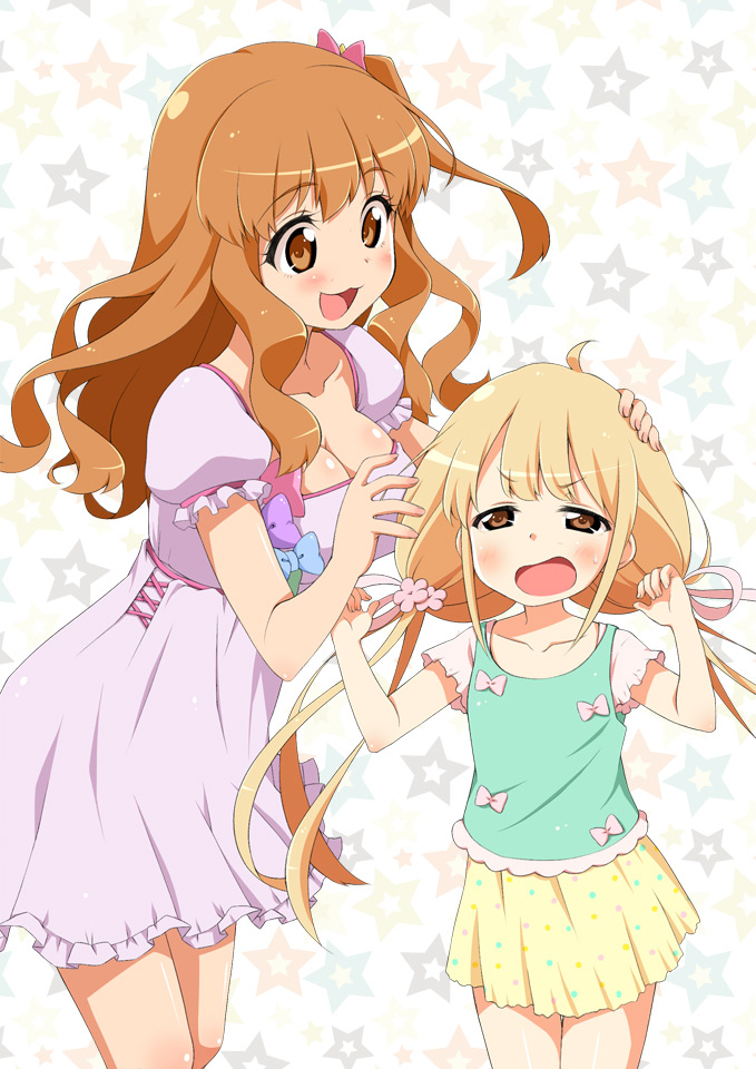 2girls, :3, :d, blonde_hair, blush, bow, breasts, brown_eyes