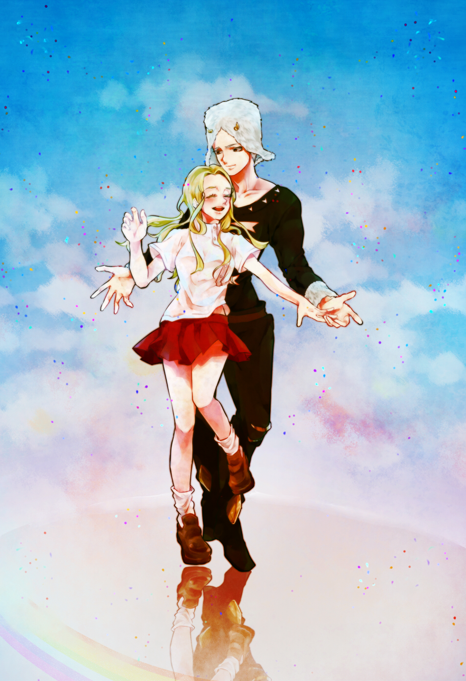 1boy, 1girl, blonde_hair, fur_hat, hat, highres, horns, jojo_no_kimyou_na_bouken