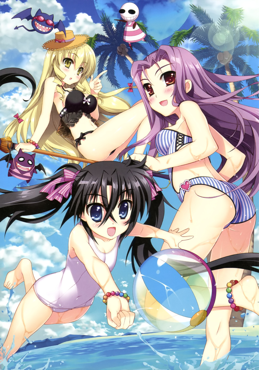 3girls, :d, :o, absurdres, anklet, ass, beach, bikini, black_hair, blonde_hair, blue_eyes, bracelet, breasts, broom, broom_riding, fabia_crozelg, finger_gun, flat_chest, fujima_takuya, hair_ribbon, hat, hell_gazer, highres, jewelry, large_breasts, long_hair, lutecia_alpine, lyrical_nanoha, mahou_shoujo_lyrical_nanoha_vivid, multiple_girls, ocean, official_art, one-piece_swimsuit, open_mouth, palm_tree, purple_hair, red_eyes, ribbon, sieglinde_jeremiah, smile, straw_hat, swimsuit, tree, twintails, water, yellow_eyes