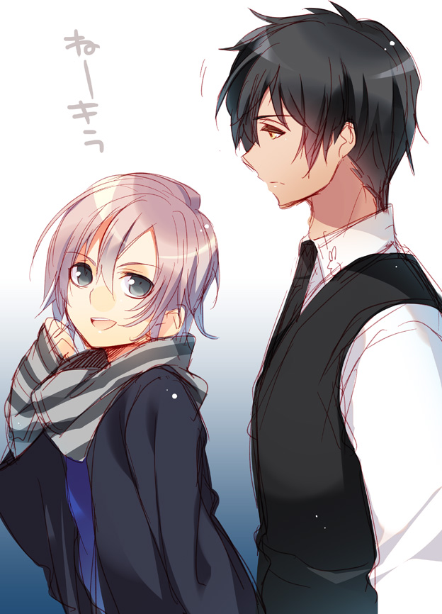 2boys, black_hair, fingerless_gloves, gloves, grey_eyes, height_difference, male, mikado_nagi