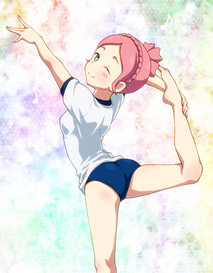 1girl, ass, back, blue_eyes, blush, buruma, gym_uniform, gymnastics, inazuma_eleven_(series), inazuma_eleven_go, inazuma_eleven_go_galaxy, leg_grab, looking_back, maron_(quintet_colors), musical_note, nozaki_sakura, open_mouth, pink_hair, short_sleeves, smile, solo, wink