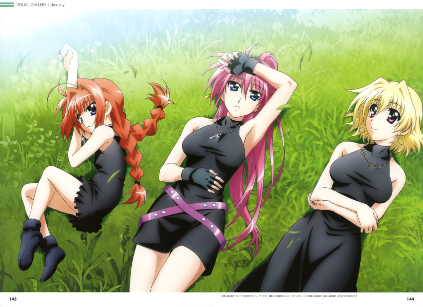 3girls, absurdres, black_dress, blonde_hair, blue_eyes, braid, crossed_arms, dress