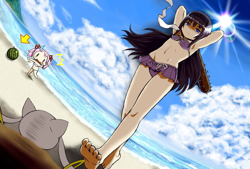 /\/\/\, 2girls, akemi_homura, armpits, arms_up, baseball_bat, beach, bikini, black_hair, blindfold_slip, blue_eyes, blue_sky, chibi, clouds, food, fruit, hair_ribbon, hairband, highres, kaname_madoka, kyubey, long_hair, mahou_shoujo_madoka_magica, melon, multiple_girls, nail, nail_bat, navel, ocean, open_mouth, pink_bikini, pink_hair, pointer, purple_bikini, ribbon, ryounosuke, shaded_face, sky, sun, surprised, sweatdrop, swimsuit, twintails, very_long_hair, walking, |_|