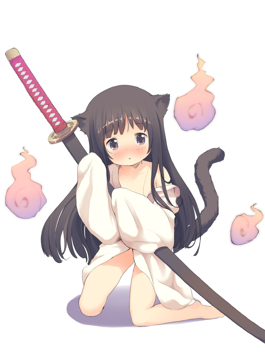 1girl, animal_ears, anyannko, barefoot, blush, brown_eyes, brown_hair, cat_ears