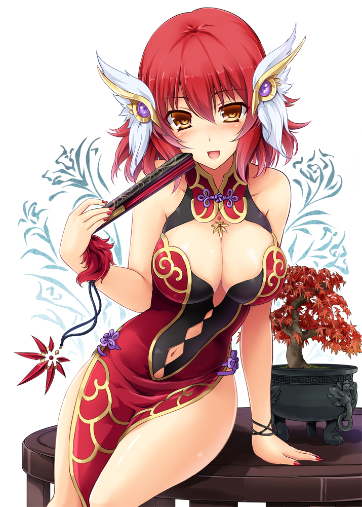 1girl, bare_shoulders, blush, bonsai, breasts, brown_eyes, cleavage, fan