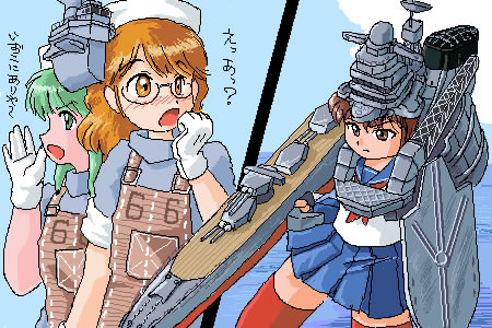 aircraft_carrier, apron, brown_eyes, brown_hair, casablanca_class_escort_carrier, confused, cruiser, flak_(aaa's_room)