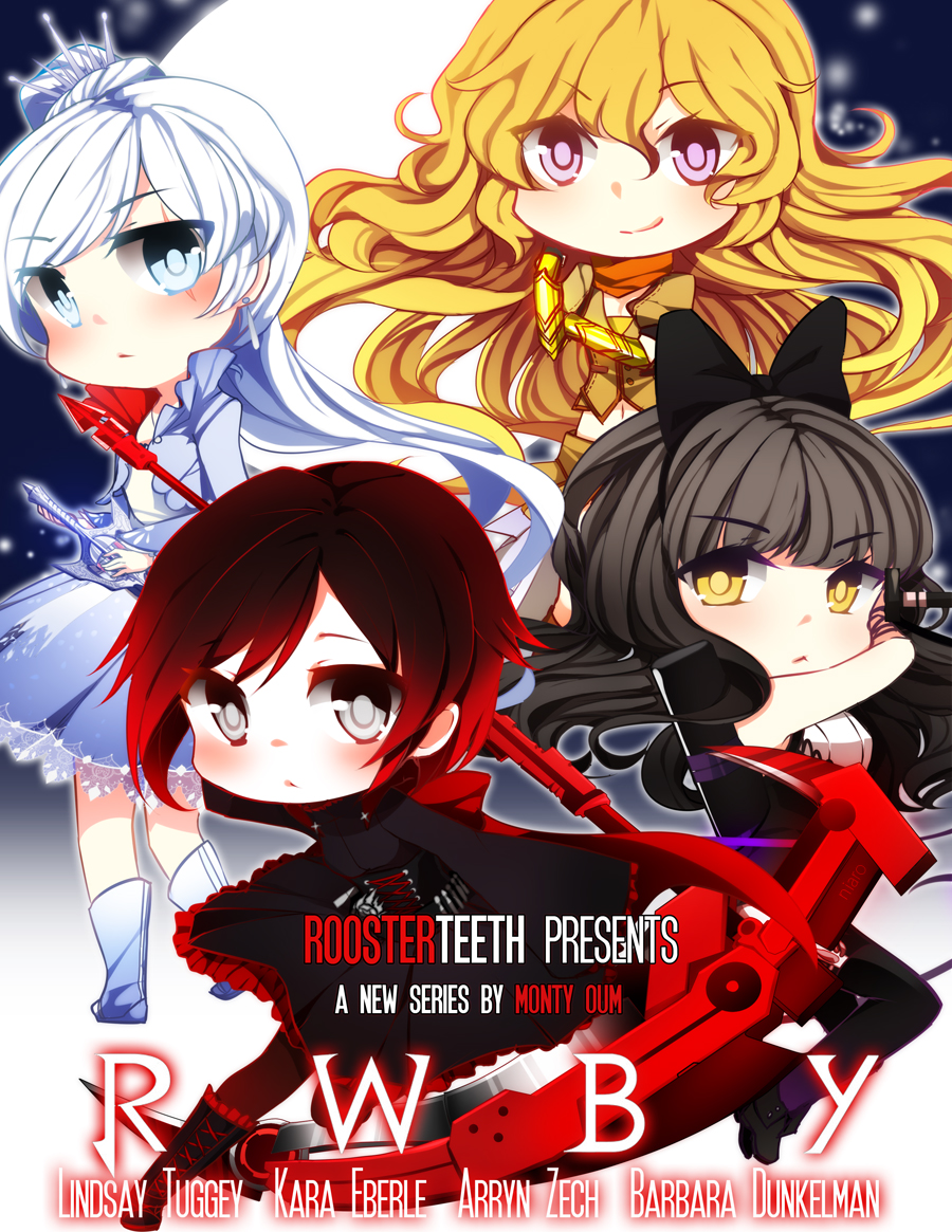 4girls, black_eyes, black_hair, blake_belladonna, blonde_hair, blue_eyes, cape, chibi, cross, fingerless_gloves, gauntlets, gloves, long_hair, movie_poster, multiple_girls, niaro, pantyhose, ponytail, redhead, ruby_rose, rwby, scythe, short_hair, skirt, smile, sword, violet_eyes, weapon, weiss_schnee, yang_xiao_long, yellow_eyes