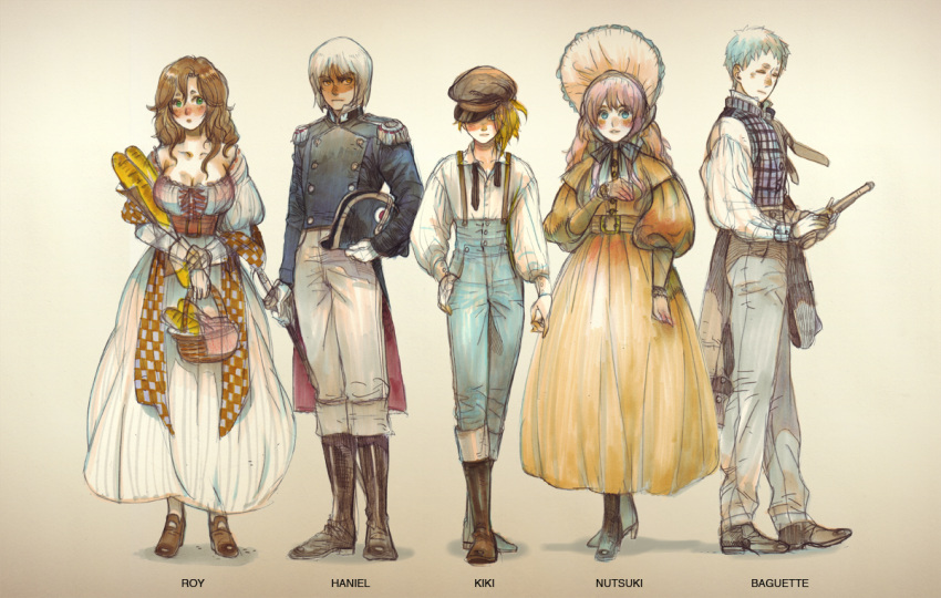 2boys, 3girls, belt, bonnet, boots, bread, character_request, checkered