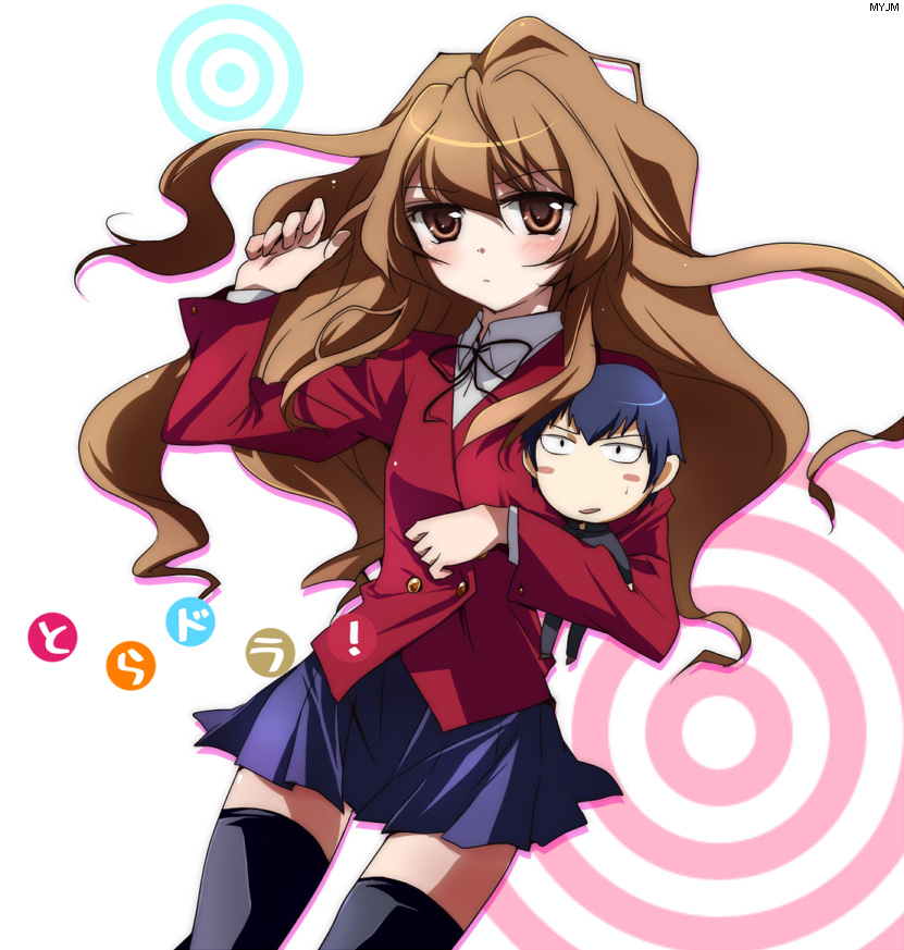 bia, blue_hair, blush, blush_stickers, brown_eyes, brown_hair, chibi, long_hair, school_uniform, skirt, takasu_ryuuji, thigh-highs, thighhighs, toradora!, zettai_ryouiki