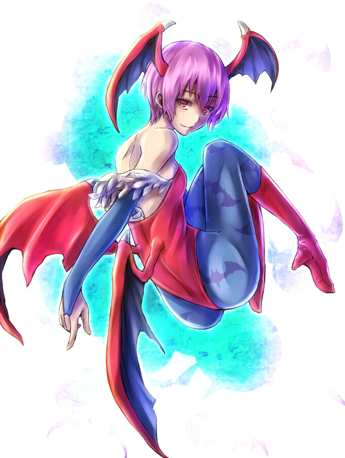 1girl, ass, bare_shoulders, bat_wings, boots, bridal_gauntlets, capcom, head_wings