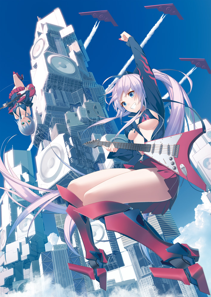 2girls, arm_up, b-2, bikini_top, blue_eyes, blue_hair, breasts, building